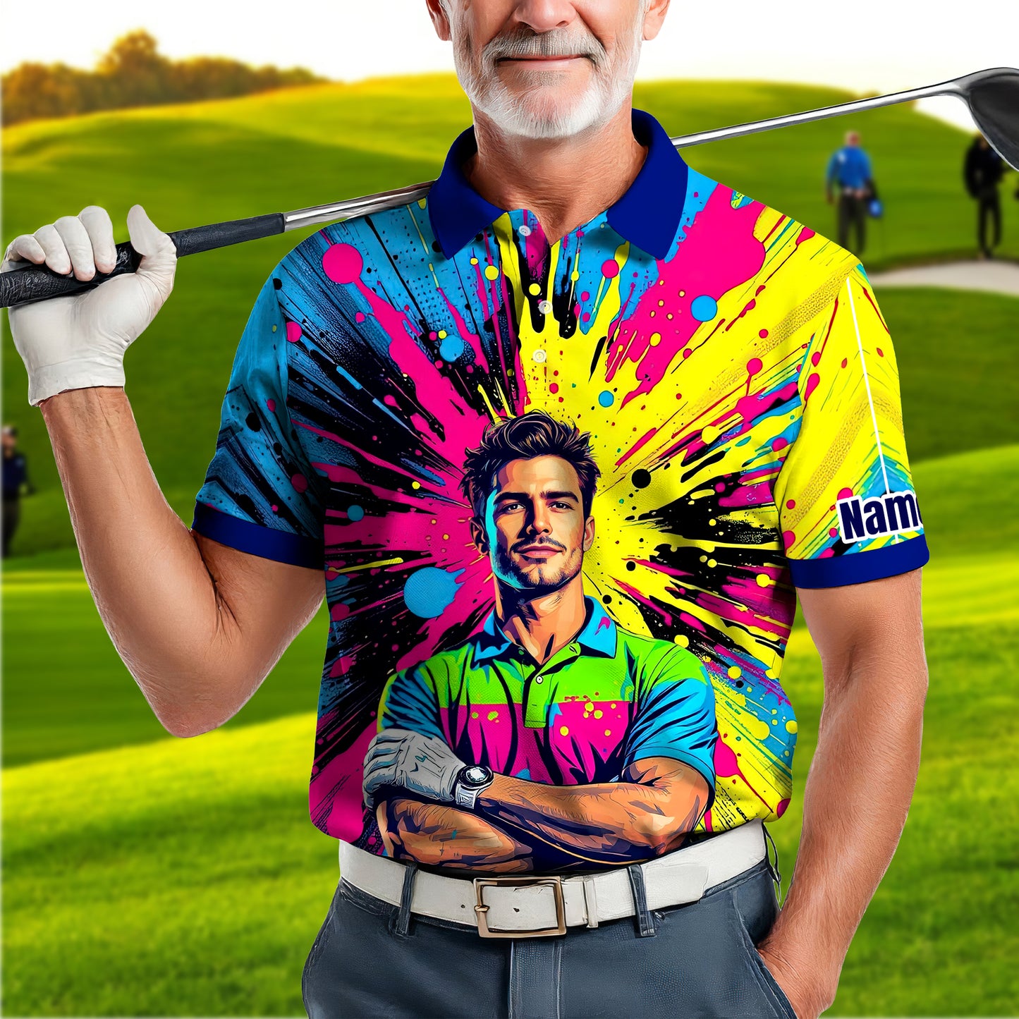HomyGifts Men's Customized Face Artistic Golf Polo Shirt, Personalized Pop Art Golf Polo, Portrait Gift for Golfers Style 5