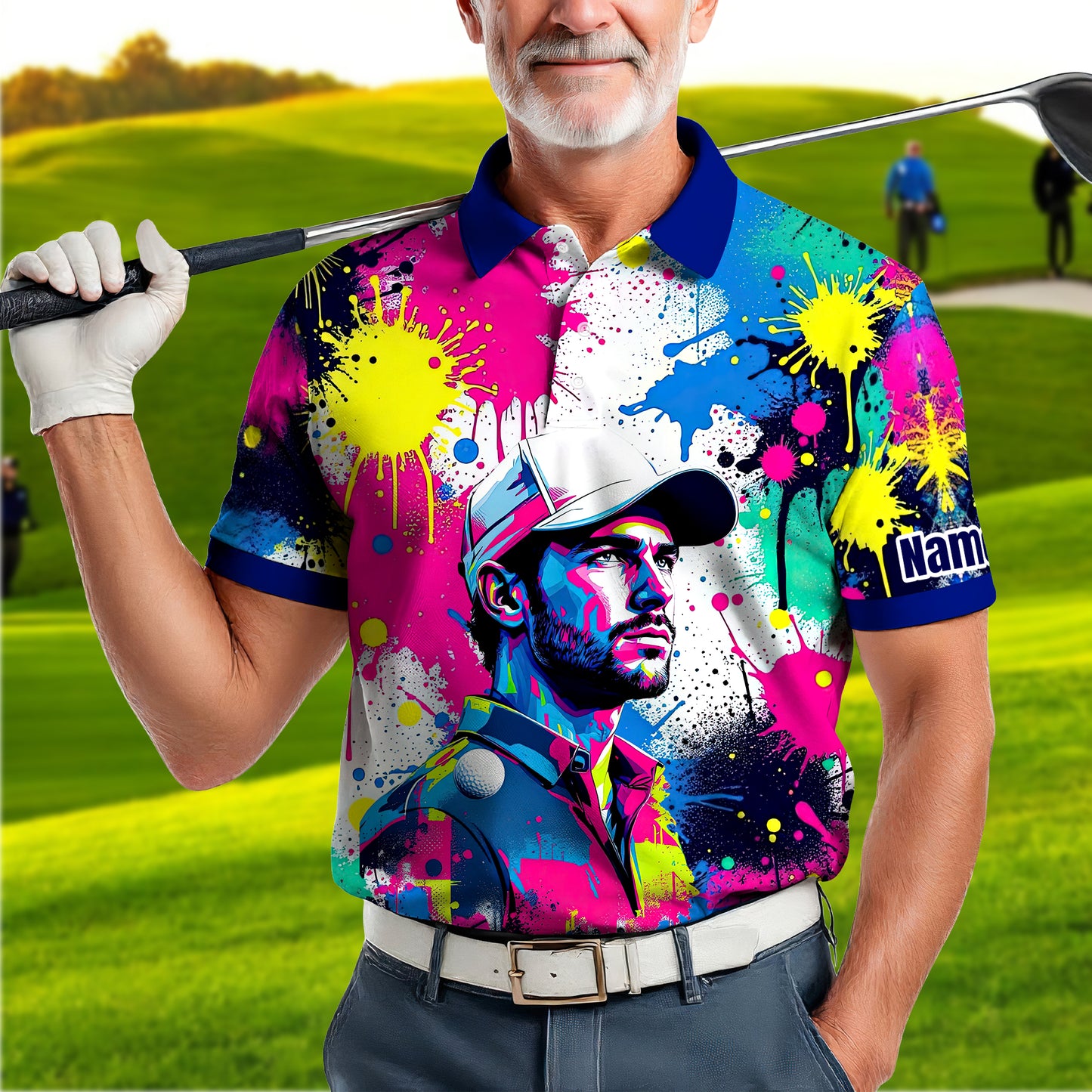 HomyGifts Men's Customized Face Artistic Golf Polo Shirt, Personalized Pop Art Golf Polo, Portrait Gift for Golfers Style 1