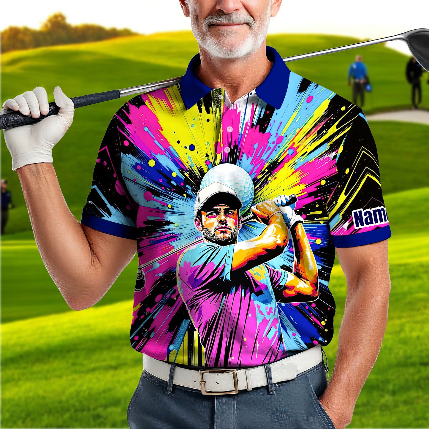 HomyGifts Men's Customized Face Artistic Golf Polo Shirt, Personalized Pop Art Golf Polo, Portrait Gift for Golfers Style 21