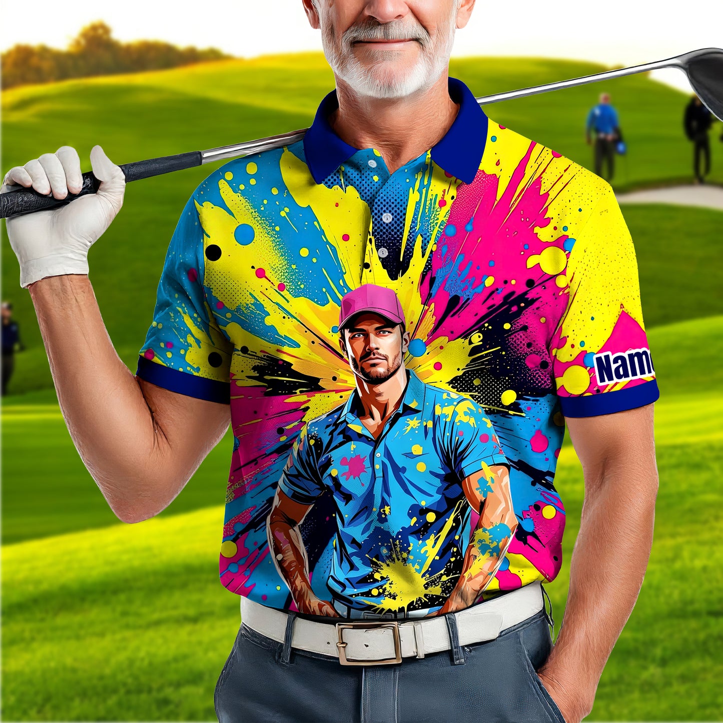 HomyGifts Men's Customized Face Artistic Golf Polo Shirt, Personalized Pop Art Golf Polo, Portrait Gift for Golfers Style 13
