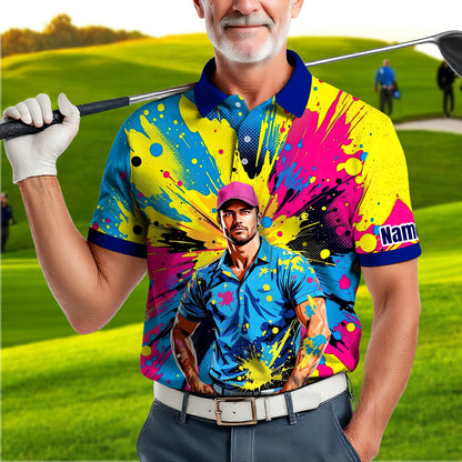 HomyGifts Men's Customized Face Artistic Golf Polo Shirt, Personalized Pop Art Golf Polo, Portrait Gift for Golfers Style 13