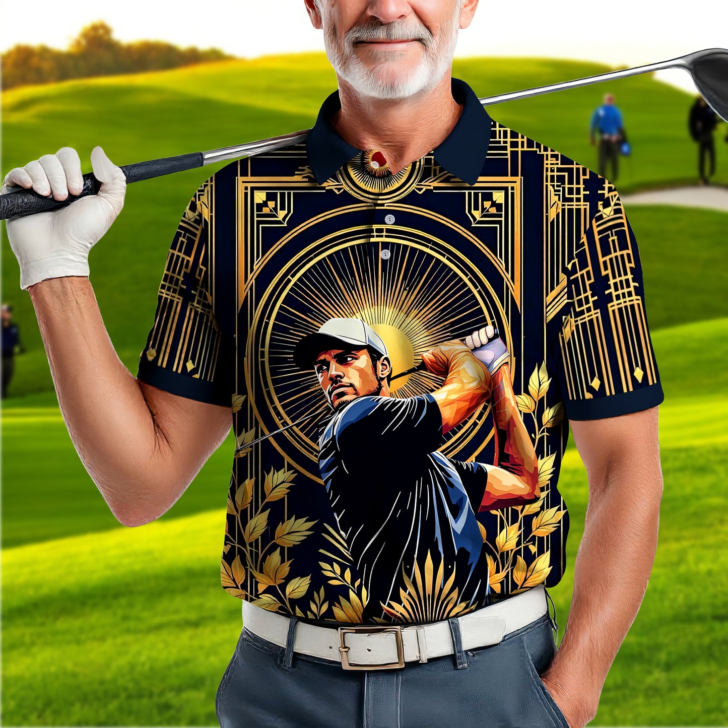 Custom Face Golf Polo Shirt – Swing in Gold Art Deco Revival Style | Personalized Golf Shirt for Men Style 6