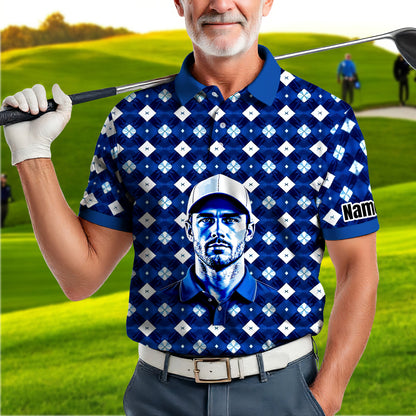Custom Face Polo Shirt – Geometric Diamond Pattern | Personalized Photo Golf Polo | Unique Gift for Him, Retro Geometric Style Shirt Style 7