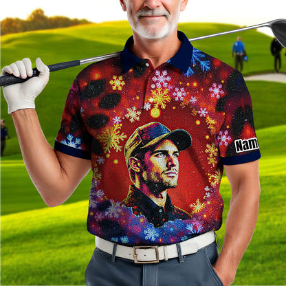 Custom Face Golf Polo Shirt – Personalized Christmas Golf Shirt for Him, Unique Holiday Gift for Golfer, Snowflake Design Golf Apparel Style 12
