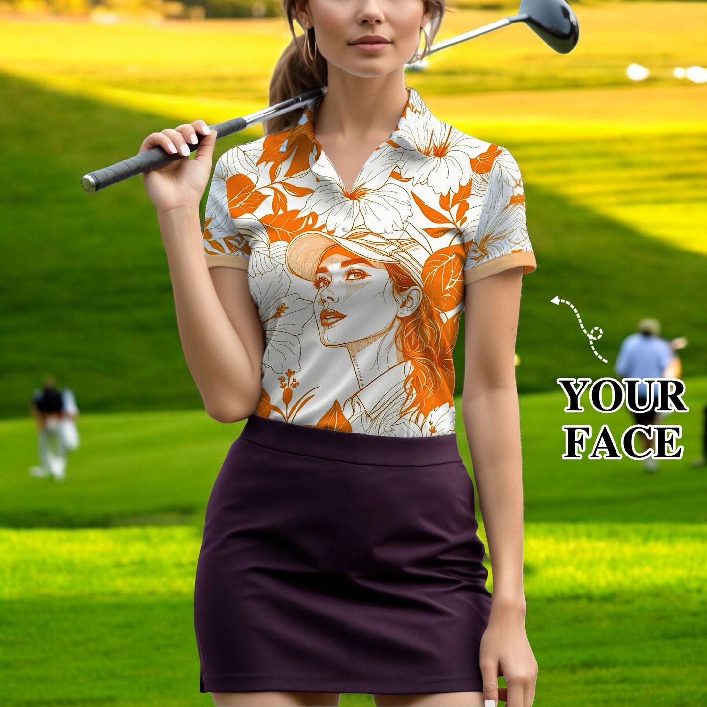 Women’s Custom Face Hibiscus Polo Shirt – Personalized Tropical Floral Polo, Unique Gift for Her, Stylish Custom Golf & Casual Wear Style 4