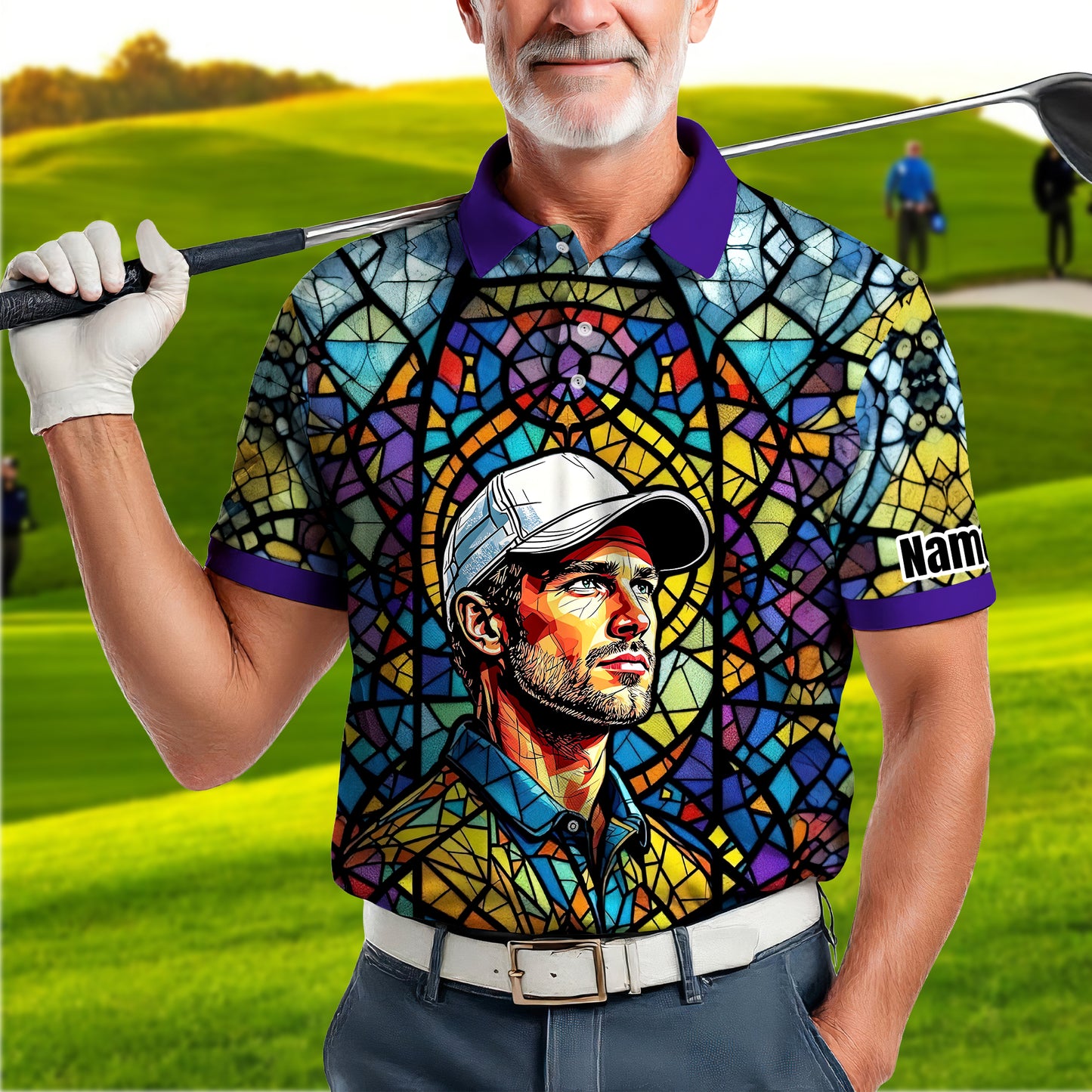 Custom Face Golf Polo Shirt – Personalized Stained Glass Art Shirt, Unique Golf Gift for Him, Colorful Abstract Golf Polo, Custom Sportswear