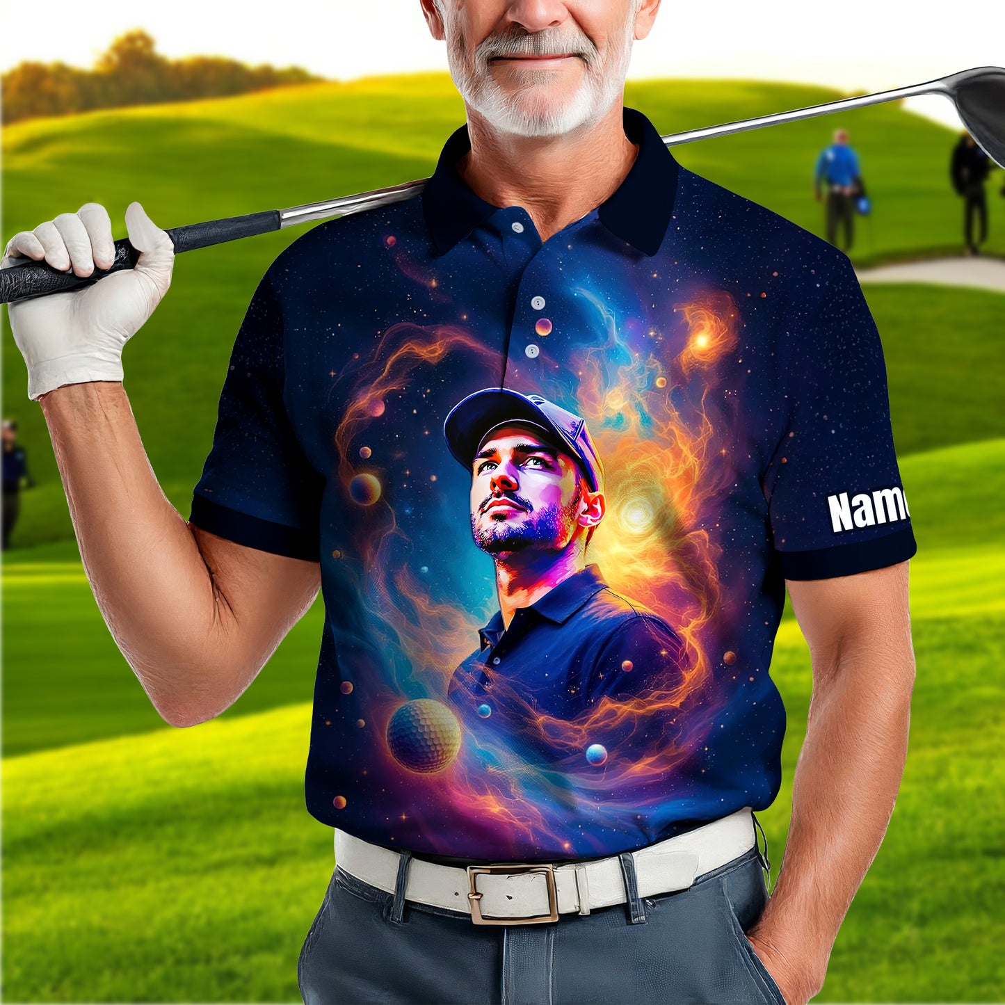 Custom Cosmic Portrait Polo Shirt – Personalized Surreal Galaxy Art with Your Face | Unique Gift for Golfers, Sports & Astrology Fans Style 5