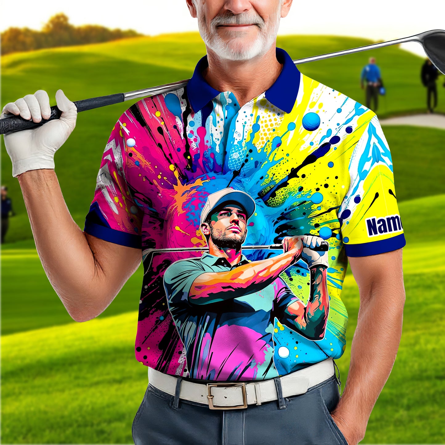 HomyGifts Men's Customized Face Artistic Golf Polo Shirt, Personalized Pop Art Golf Polo, Portrait Gift for Golfers Style 19