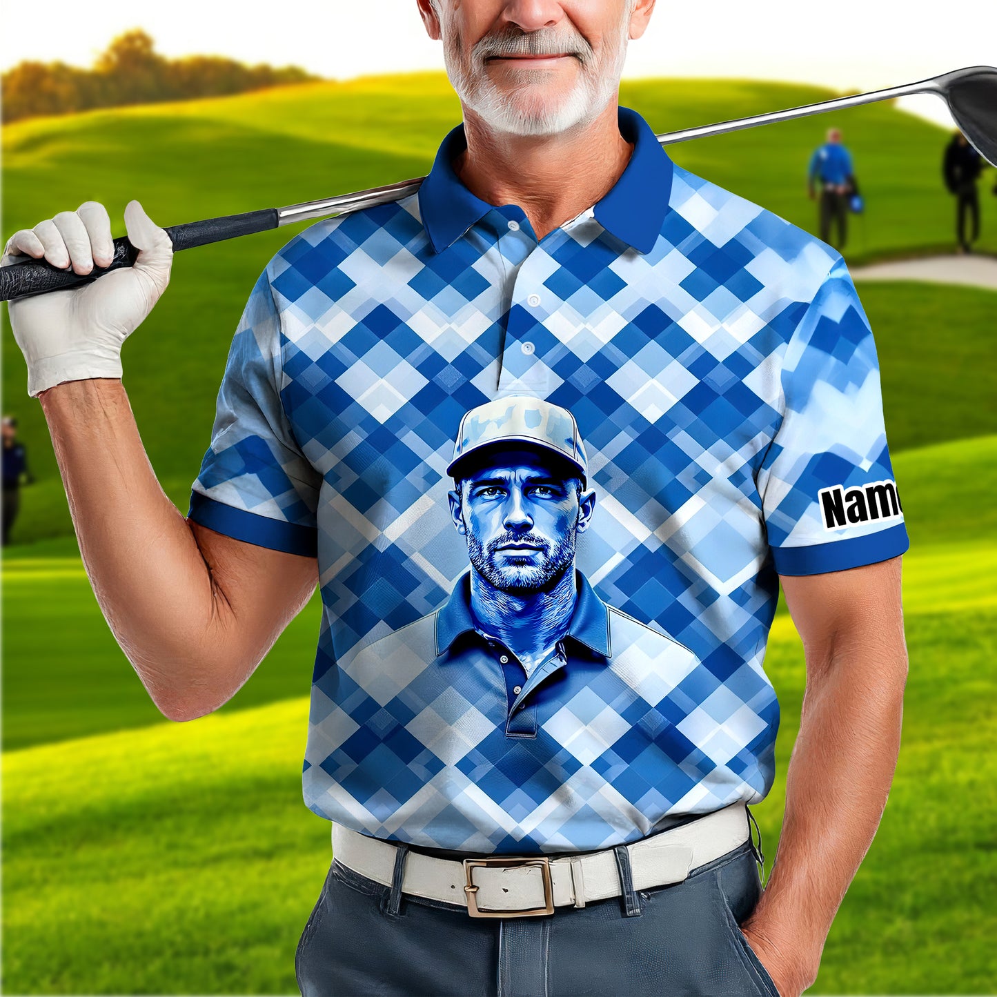 Custom Face Polo Shirt – Geometric Diamond Pattern | Personalized Photo Golf Polo | Unique Gift for Him, Retro Geometric Style Shirt Style 10