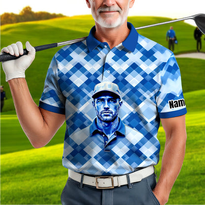 Custom Face Polo Shirt – Geometric Diamond Pattern | Personalized Photo Golf Polo | Unique Gift for Him, Retro Geometric Style Shirt Style 10