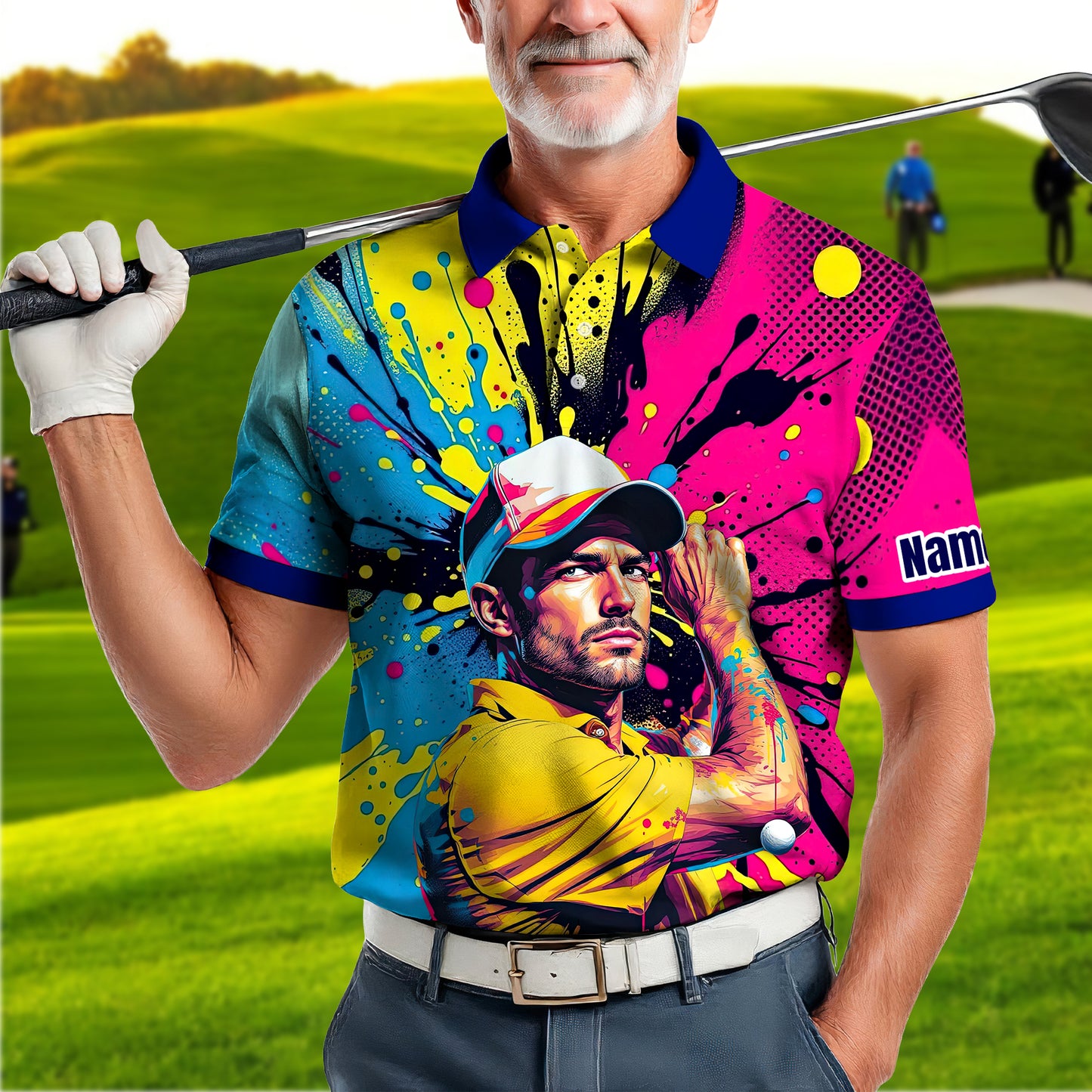 HomyGifts Men's Customized Face Artistic Golf Polo Shirt, Personalized Pop Art Golf Polo, Portrait Gift for Golfers Style 15