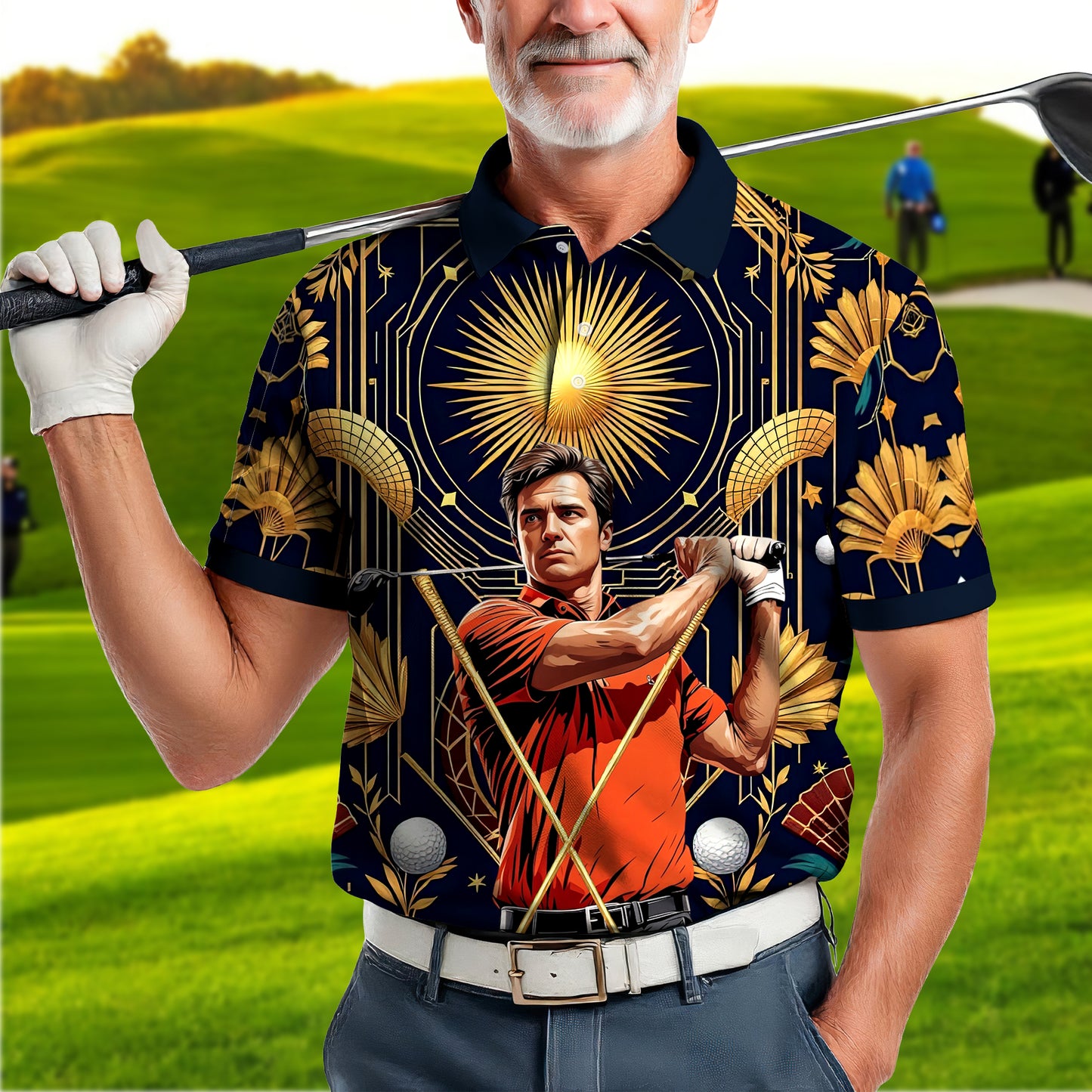 Custom Face Golf Polo Shirt – Swing in Gold Art Deco Revival Style | Personalized Golf Shirt for Men Style 7