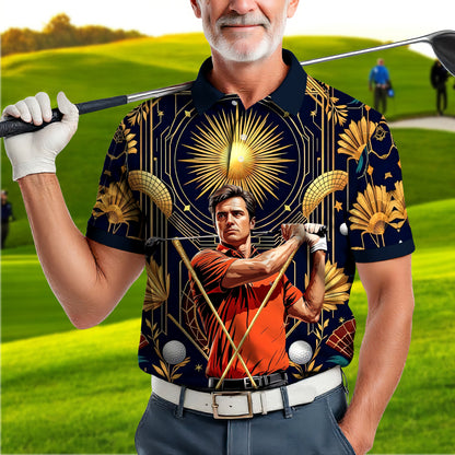 Custom Face Golf Polo Shirt – Swing in Gold Art Deco Revival Style | Personalized Golf Shirt for Men Style 7