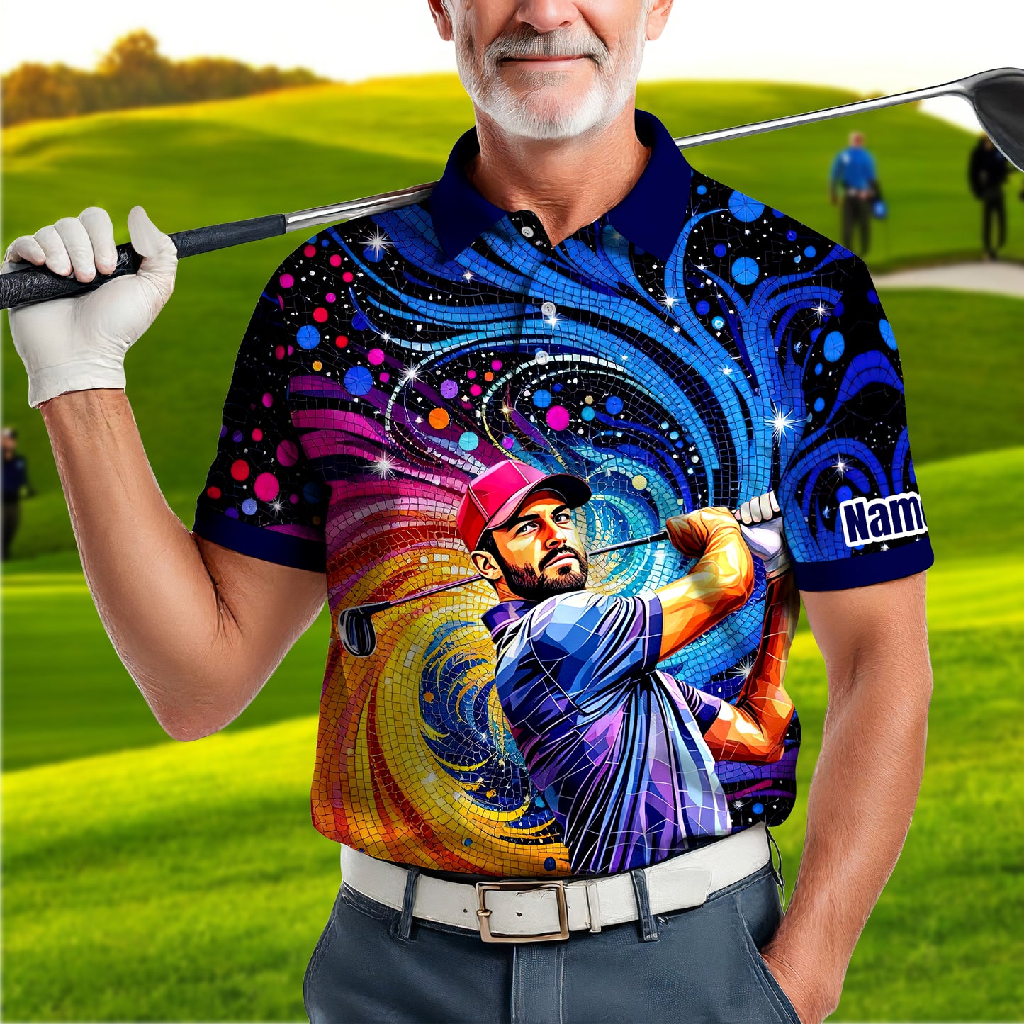 HomyGifts Men's Customized Face Artistic Golf Polo Shirt, Mosaic Art Style, Unique Personalized Golf Polo For Men