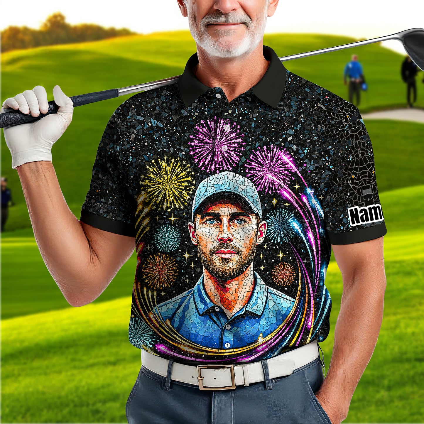 Custom Face Golf Polo Shirt – New Year Fireworks Edition | Personalized Golf Polo | Unique Holiday Gift for Him 2025 Style 9