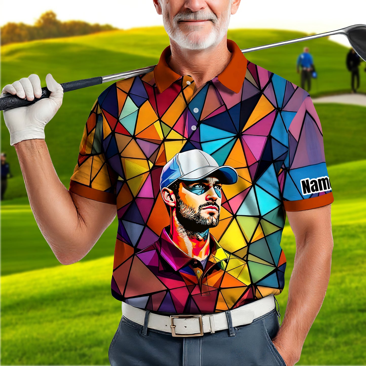 Angular Geometric Glass Pattern Custom Face Polo — Stained-Glass Mosaic Print, Personalized Sublimation Golf Shirt, Vibrant Geometric Portrait Tee