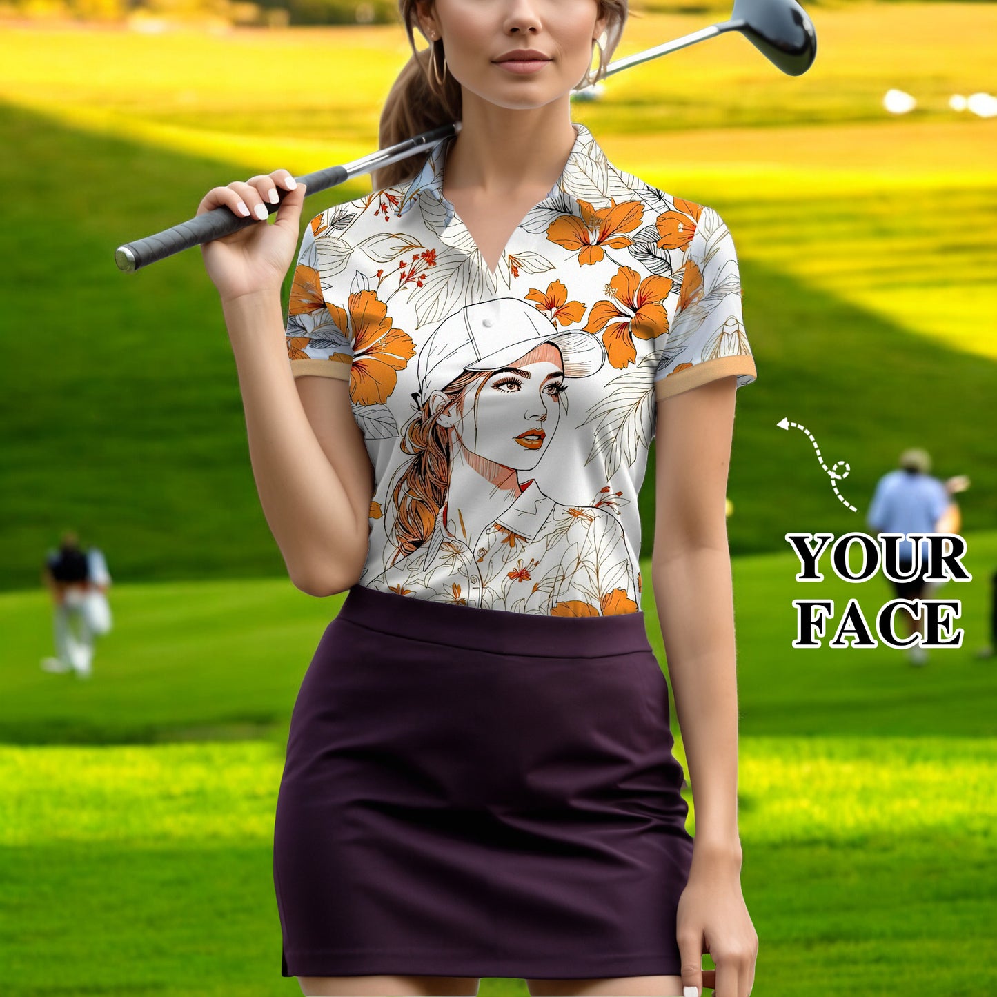 Women’s Custom Face Hibiscus Polo Shirt – Personalized Tropical Floral Polo, Unique Gift for Her, Stylish Custom Golf & Casual Wear Style 1