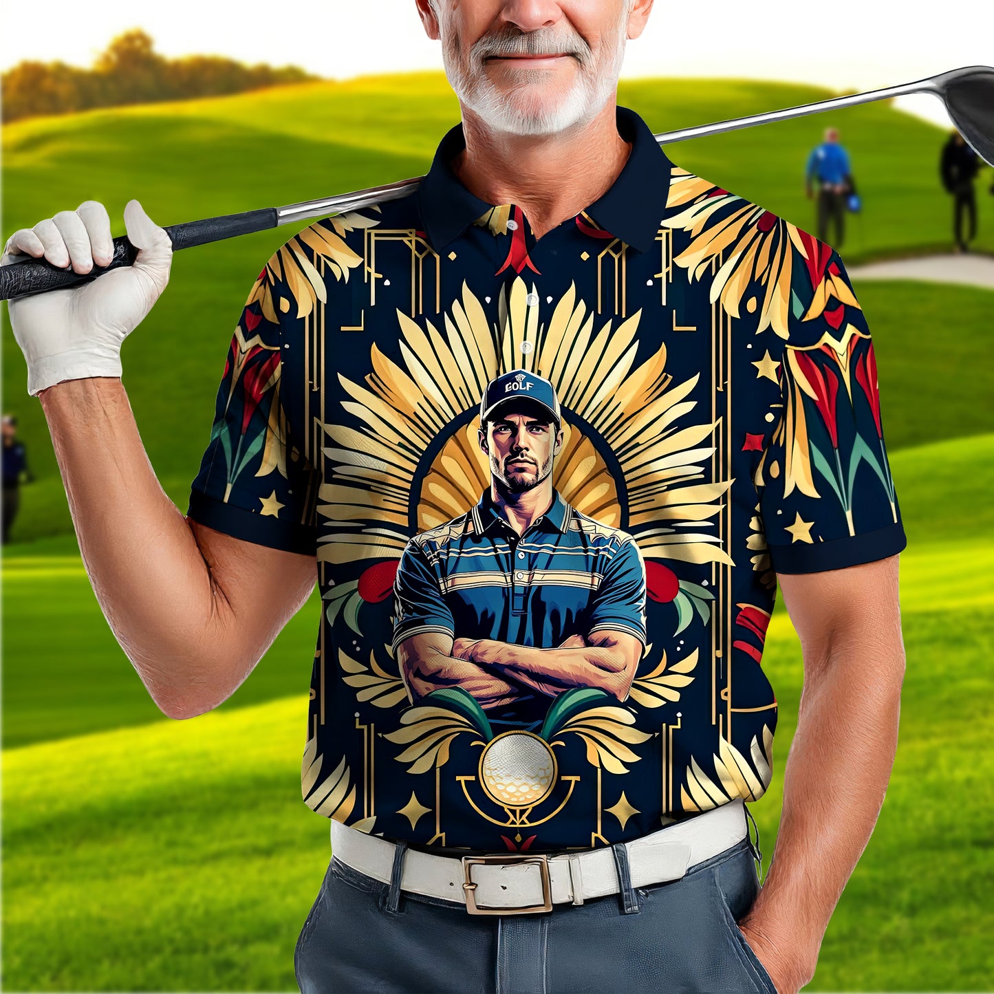 Custom Face Golf Polo Shirt – Swing in Gold Art Deco Revival Style | Personalized Golf Shirt for Men Style 3