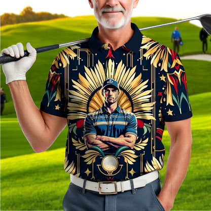 Custom Face Golf Polo Shirt – Swing in Gold Art Deco Revival Style | Personalized Golf Shirt for Men Style 3