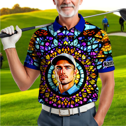 Custom Face Golf Polo Shirt – Personalized Stained Glass Mandala Style Polo, Unique Gift for Men & Women, Vibrant Artistic Golf Shirt, Custom Photo Polo