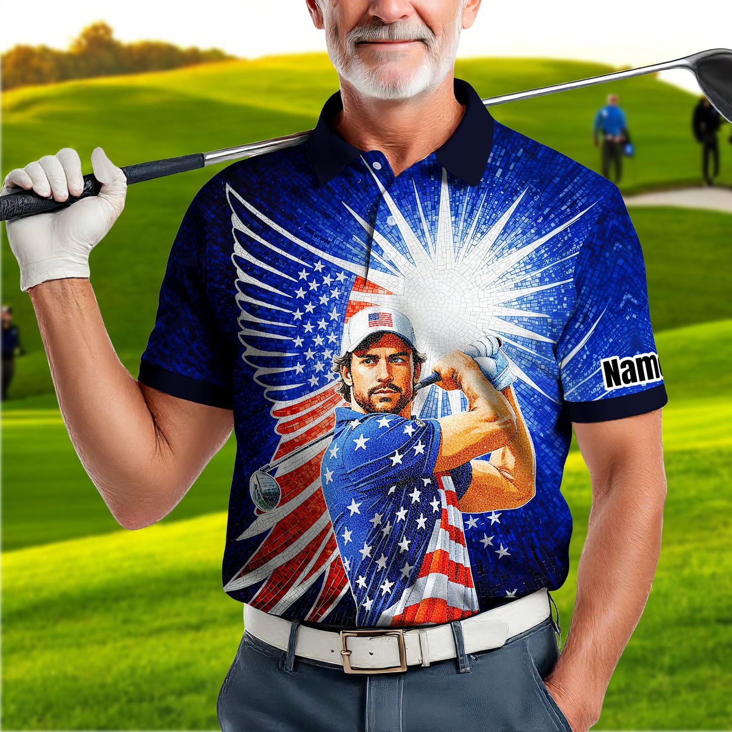 Custom Face Patriotic Golf Polo Shirt – Personalized USA Flag Design – American Pride Gift for Him – Mosaic Art Golf Shirt Style 3