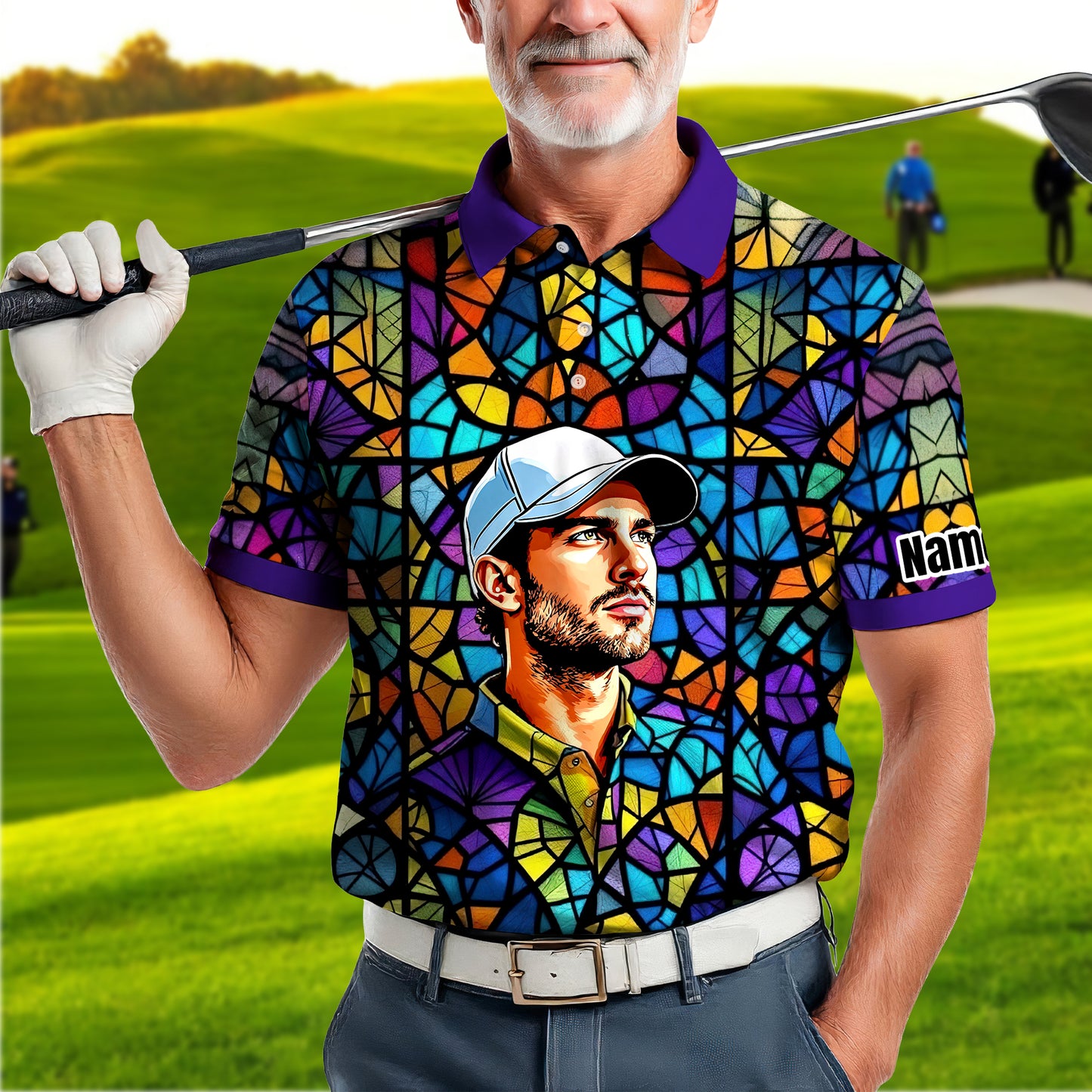 Custom Face Golf Polo Shirt – Personalized Stained Glass Art Shirt, Unique Golf Gift for Him, Colorful Abstract Golf Polo, Custom Sportswear