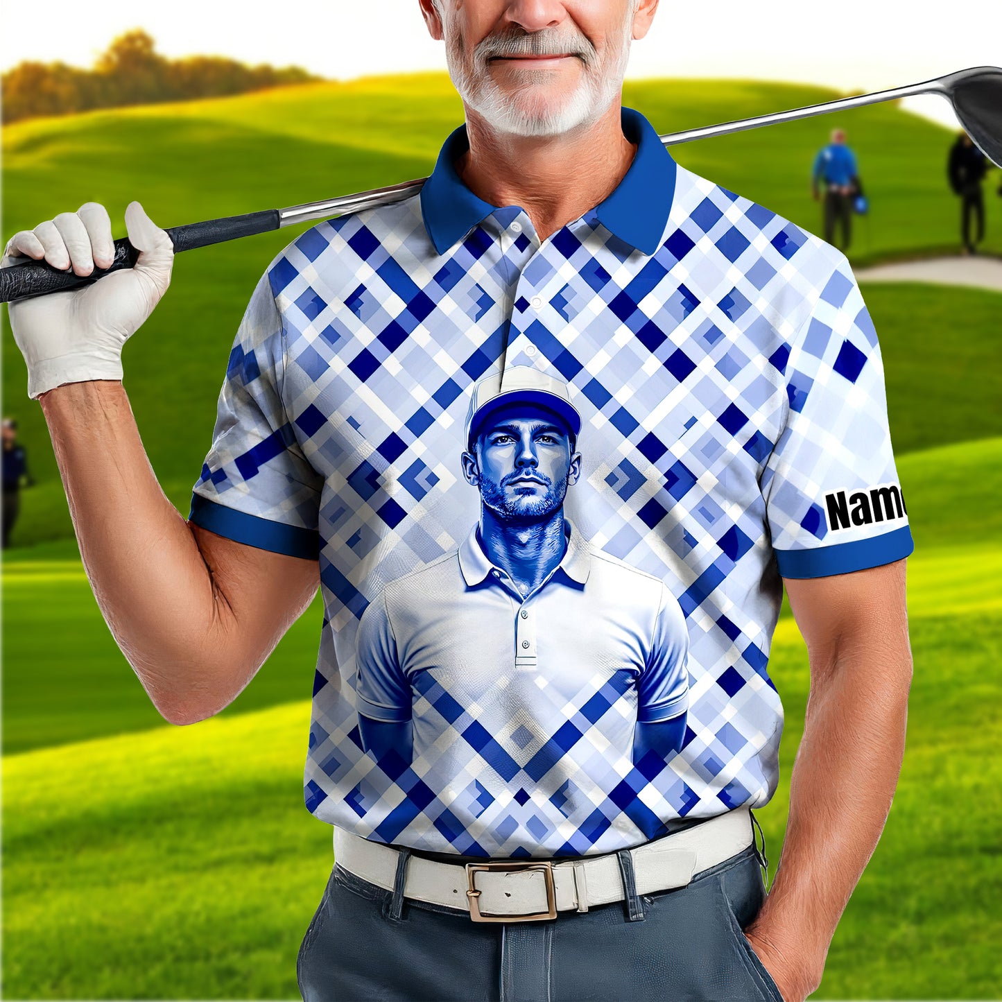 Custom Face Polo Shirt – Geometric Diamond Pattern | Personalized Photo Golf Polo | Unique Gift for Him, Retro Geometric Style Shirt Style 6