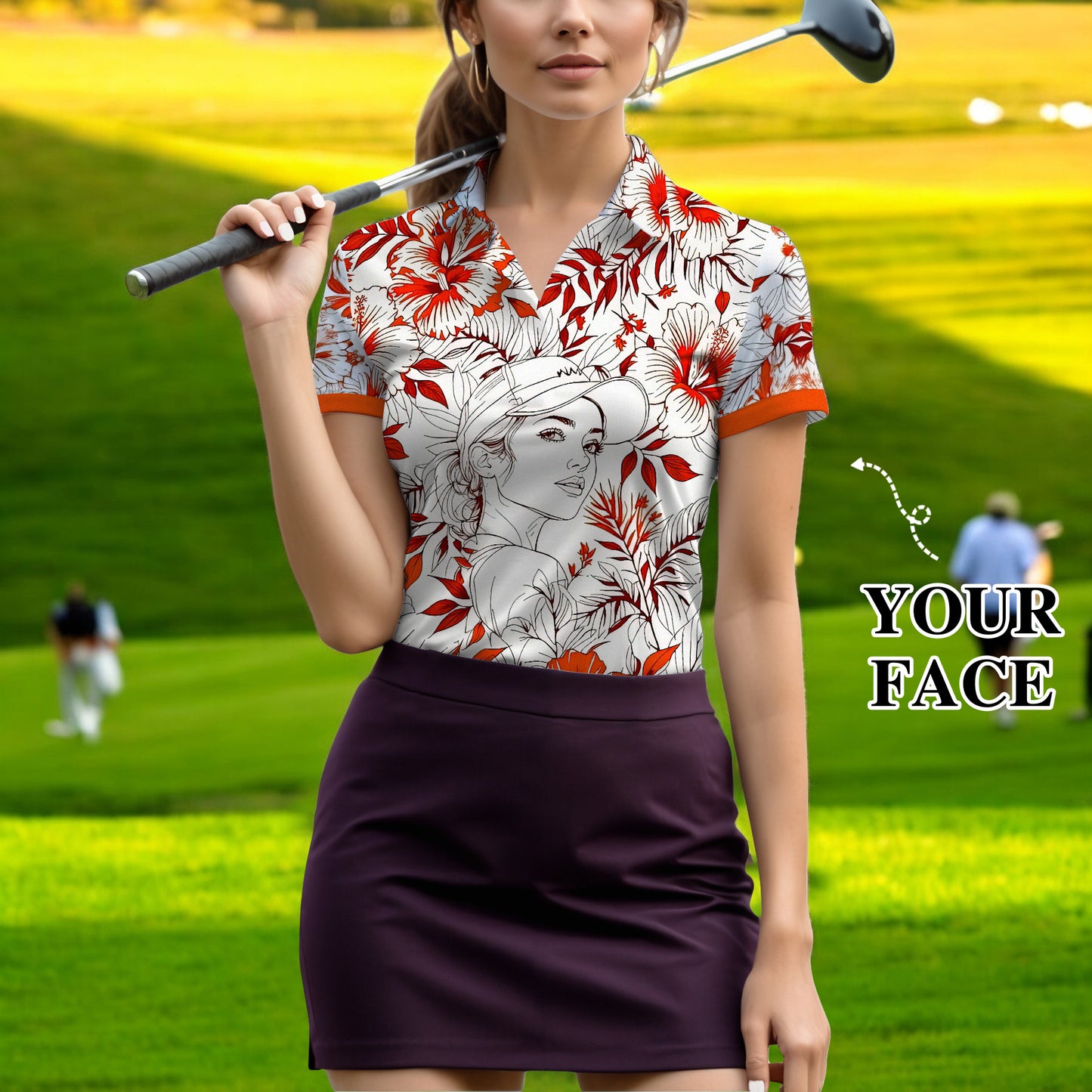 Women’s Custom Face Hibiscus Polo Shirt – Personalized Tropical Floral Polo, Unique Gift for Her, Stylish Custom Golf & Casual Wear Style 6