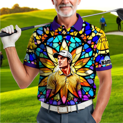 Custom Face Golf Polo Shirt – Personalized Stained Glass Art Shirt, Unique Golf Gift for Him, Colorful Abstract Golf Polo, Custom Sportswear