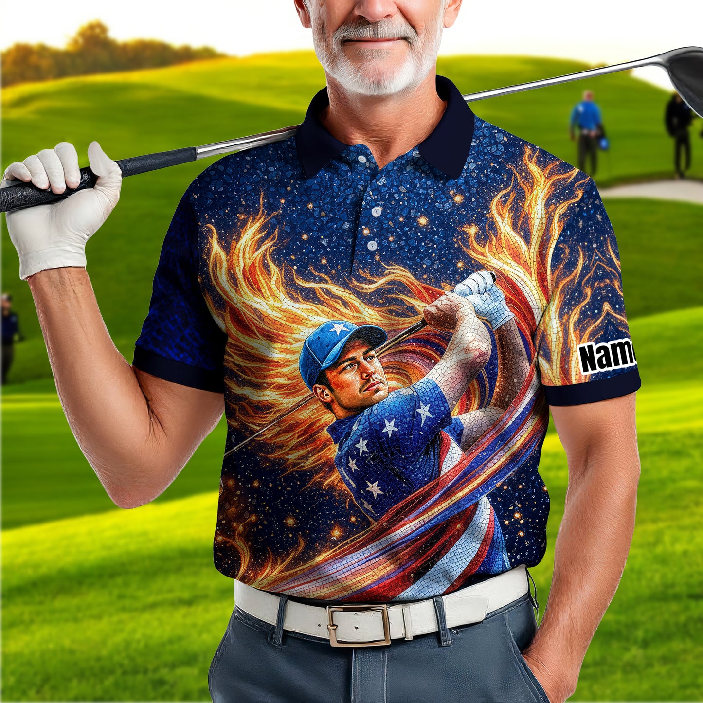 Custom Face Patriotic Golf Polo Shirt – Personalized USA Flag Design – American Pride Gift for Him – Mosaic Art Golf Shirt Style 9