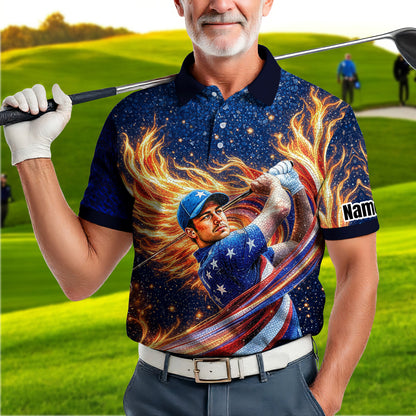 Custom Face Patriotic Golf Polo Shirt – Personalized USA Flag Design – American Pride Gift for Him – Mosaic Art Golf Shirt Style 9