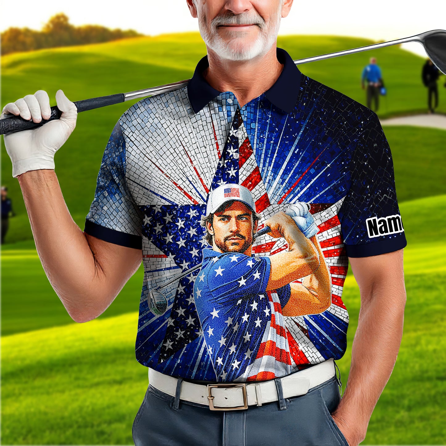 Custom Face Patriotic Golf Polo Shirt – Personalized USA Flag Design – American Pride Gift for Him – Mosaic Art Golf Shirt Style 1