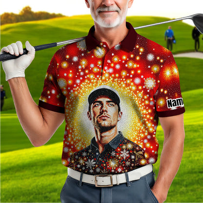 Custom Face Golf Polo Shirt – Personalized Christmas Golf Shirt for Him, Unique Holiday Gift for Golfer, Snowflake Design Golf Apparel Style 15