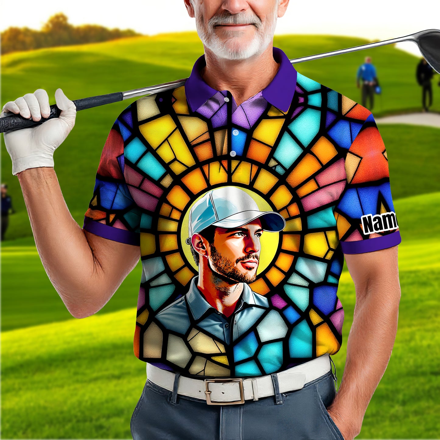 Custom Face Golf Polo Shirt – Personalized Stained Glass Art Shirt, Unique Golf Gift for Him, Colorful Abstract Golf Polo, Custom Sportswear