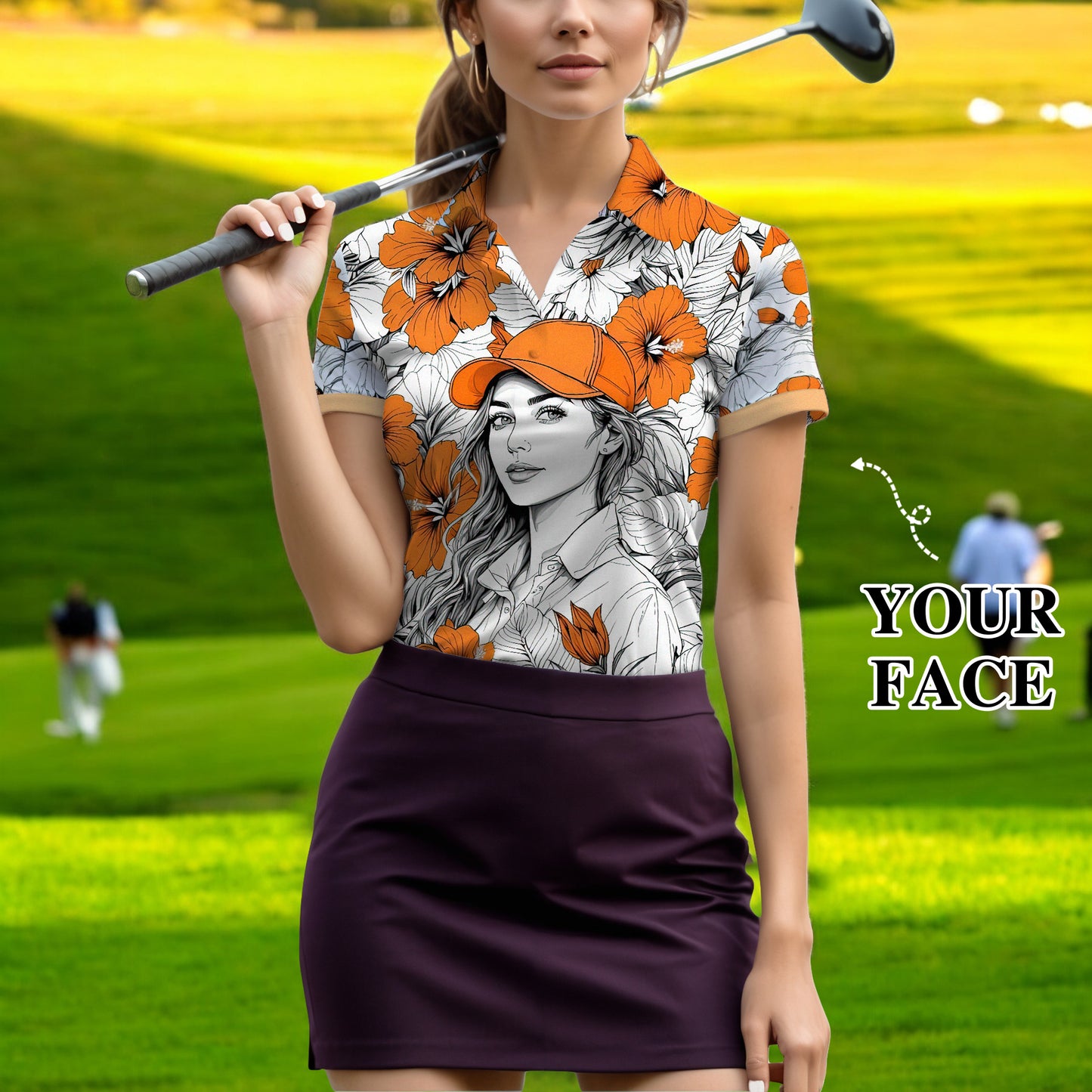 Women’s Custom Face Hibiscus Polo Shirt – Personalized Tropical Floral Polo, Unique Gift for Her, Stylish Custom Golf & Casual Wear Style 2