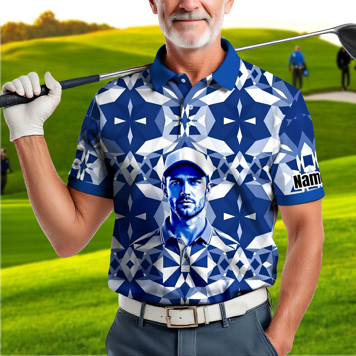 Custom Face Polo Shirt – Geometric Diamond Pattern | Personalized Photo Golf Polo | Unique Gift for Him, Retro Geometric Style Shirt Style 18
