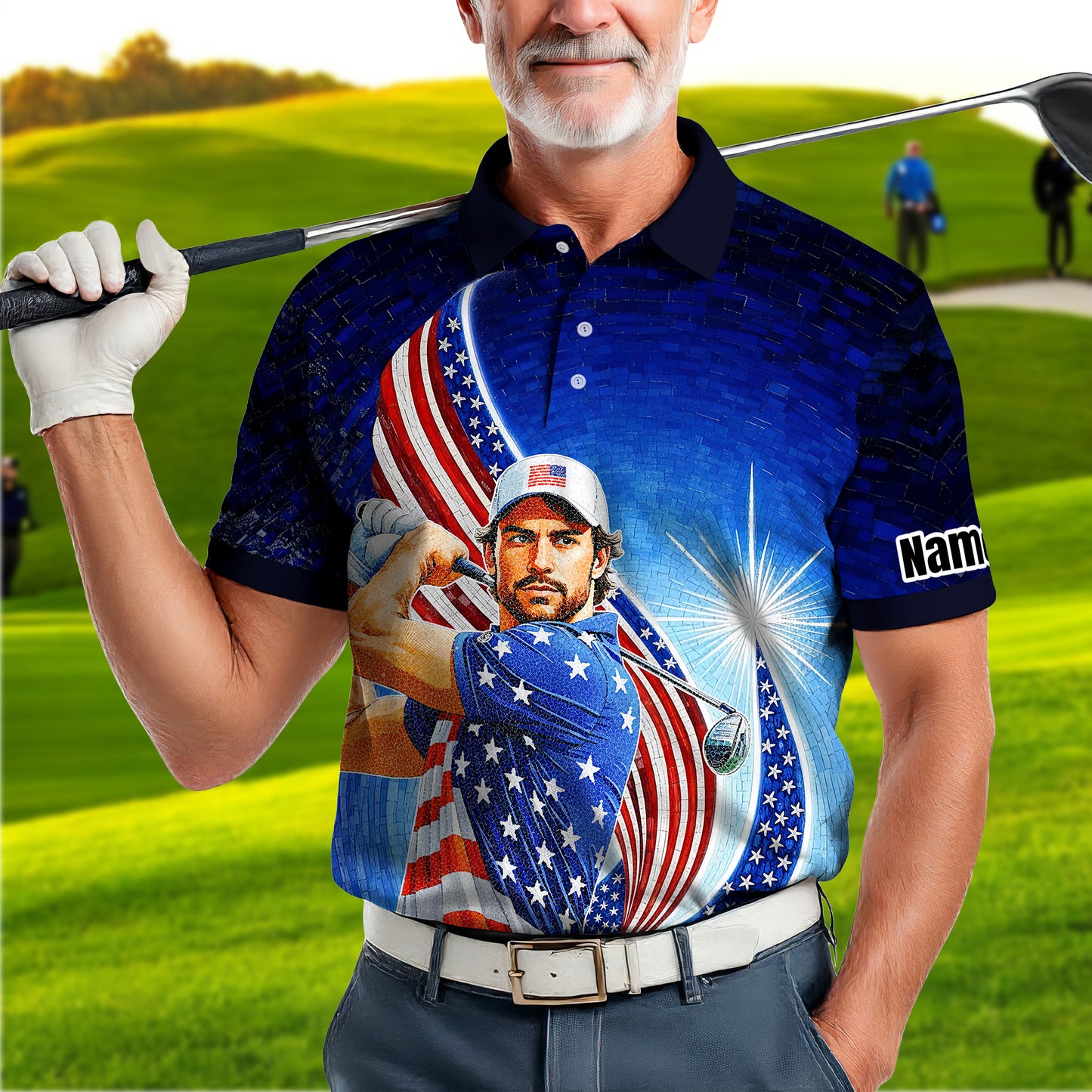 Custom Face Patriotic Golf Polo Shirt – Personalized USA Flag Design – American Pride Gift for Him – Mosaic Art Golf Shirt Style 6
