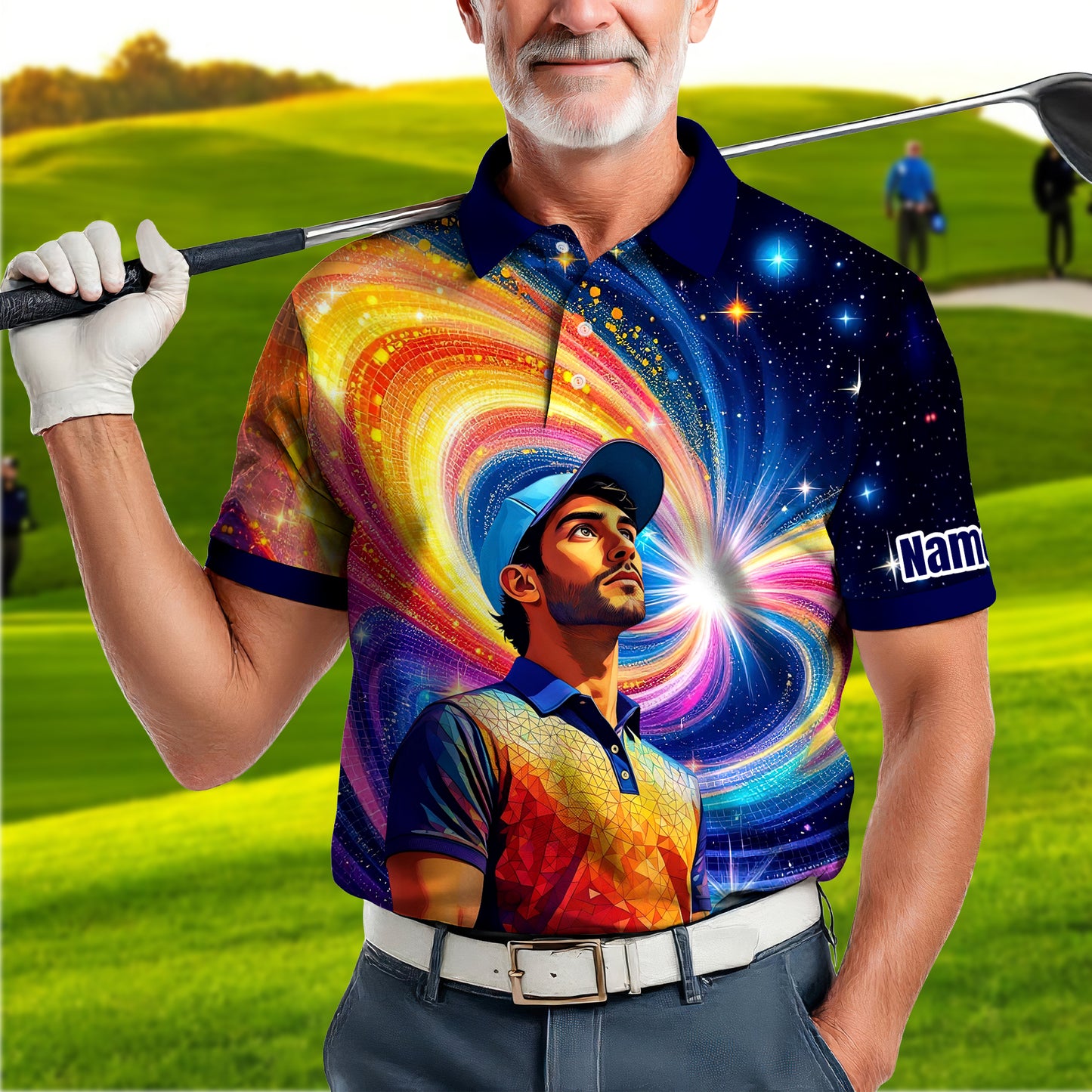 HomyGifts Men's Customized Face Artistic Golf Polo Shirt, Mosaic Art Style, Unique Personalized Golf Polo For Men