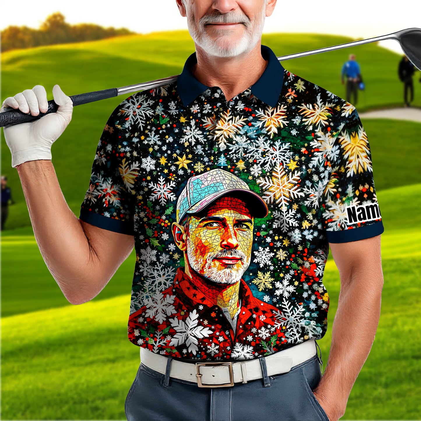 Personalized Christmas Golf Polo Shirt with Your Face – Custom Photo Holiday Shirt – Unique Mosaic Art Xmas Gift for Men, Custom Golf Apparel Style 2