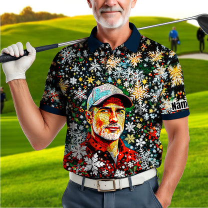 Personalized Christmas Golf Polo Shirt with Your Face – Custom Photo Holiday Shirt – Unique Mosaic Art Xmas Gift for Men, Custom Golf Apparel Style 2