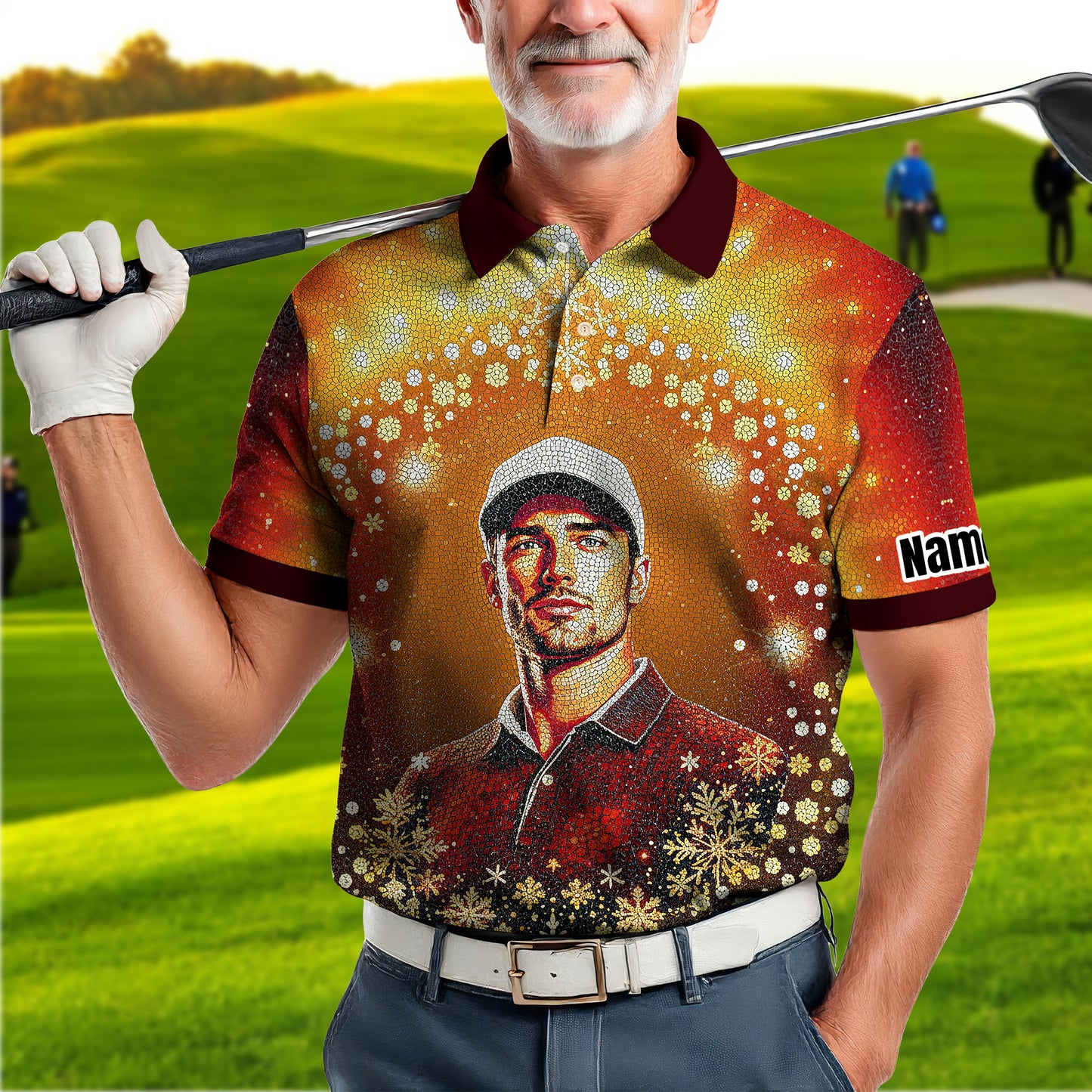 Custom Face Golf Polo Shirt – Personalized Christmas Golf Shirt for Him, Unique Holiday Gift for Golfer, Snowflake Design Golf Apparel Style 14