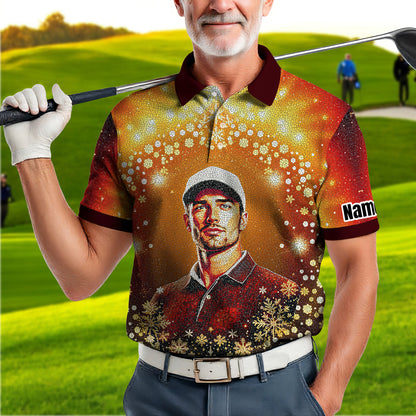 Custom Face Golf Polo Shirt – Personalized Christmas Golf Shirt for Him, Unique Holiday Gift for Golfer, Snowflake Design Golf Apparel Style 14