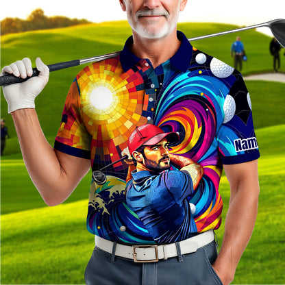 HomyGifts Men's Customized Face Artistic Golf Polo Shirt, Mosaic Art Style, Unique Personalized Golf Polo For Men Style 11