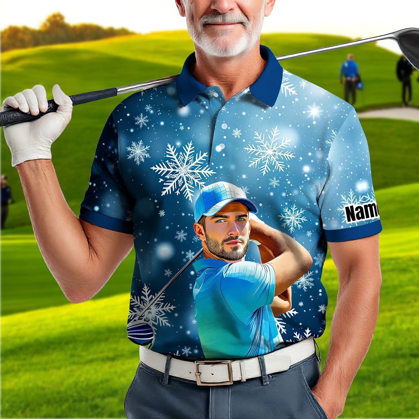 Custom Face Golf Polo Shirt – Personalized Christmas Golf Shirt for Him, Unique Holiday Gift for Golfer, Snowflake Design Golf Apparel Style 1