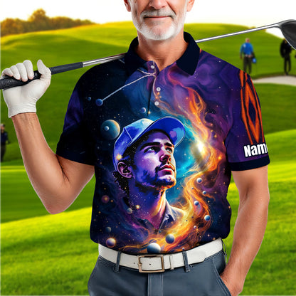 Custom Cosmic Portrait Polo Shirt – Personalized Surreal Galaxy Art with Your Face | Unique Gift for Golfers, Sports & Astrology Fans Style 2