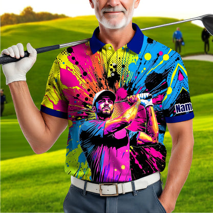 HomyGifts Men's Customized Face Artistic Golf Polo Shirt, Personalized Pop Art Golf Polo, Portrait Gift for Golfers Style 20