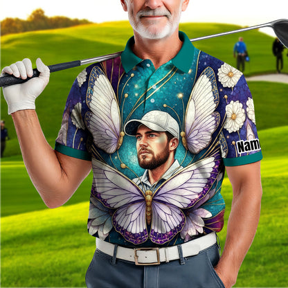 Custom Face Butterfly Golf Polo Shirt – Personalized Spring Mirage Art Style – Unique Gift for Him, Nature Inspired Men's Shirt Style 7