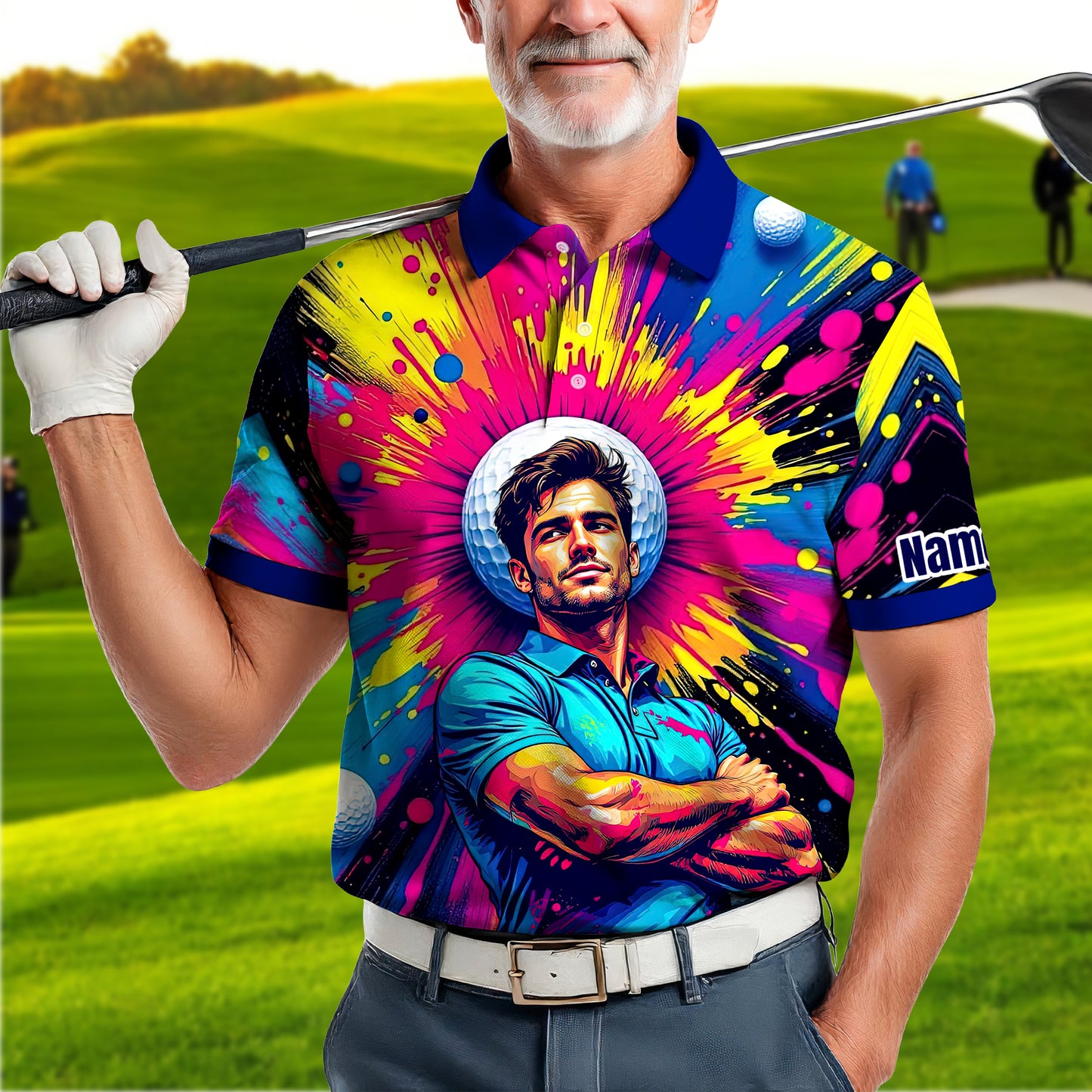 HomyGifts Men's Customized Face Artistic Golf Polo Shirt, Personalized Pop Art Golf Polo, Portrait Gift for Golfers Style 4