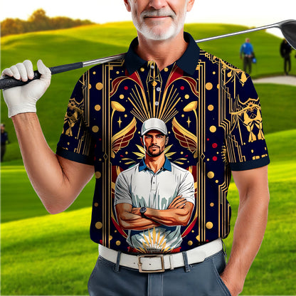 Custom Face Golf Polo Shirt – Swing in Gold Art Deco Revival Style | Personalized Golf Shirt for Men Style 4