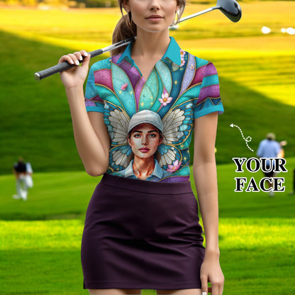 Custom Face Women’s Golf Polo Shirt – Spring Butterfly Mirage Art | Personalized Floral Fantasy Sports Shirt for Golfers Style 1